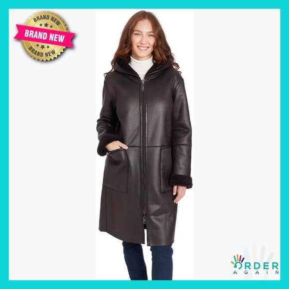 Reversible Zip Front Coat Faux Sherpa Distressed Leather Hooded Long Sleeve